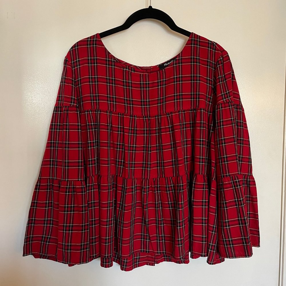Madewell red plaid bell-sleeve blouse